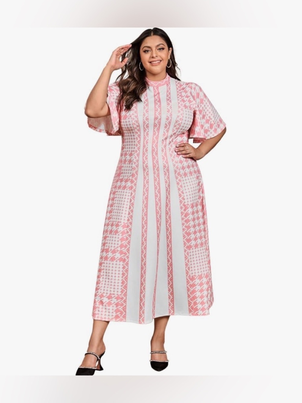 WDIRARA Plus Size Houndstooth Chevron Mock Neck Butterfly Sleeve Dress Size 5XL